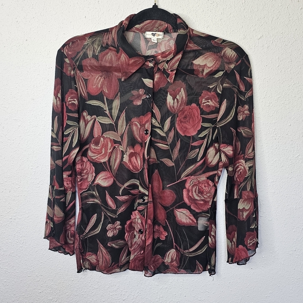 Heart Soul Sheer Blouse Size L Black Red‎ Floral Button Dark Fairy Whimsy Flowy